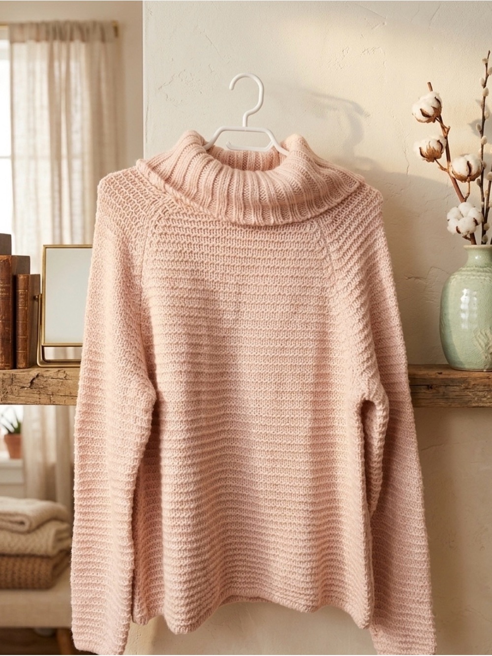 Pale Pink Turtleneck Knit Sweater